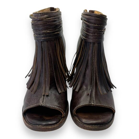 Bed Stu Onset Olivia Women’s Size 7.5 Peep Toe Fringe Booties Brown Leather Heel - Picture 4 of 11